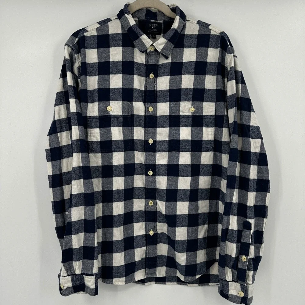 J. Crew Mens XL Navy White Buffalo Check Flannel Button Down Shirt Cotton Rugged